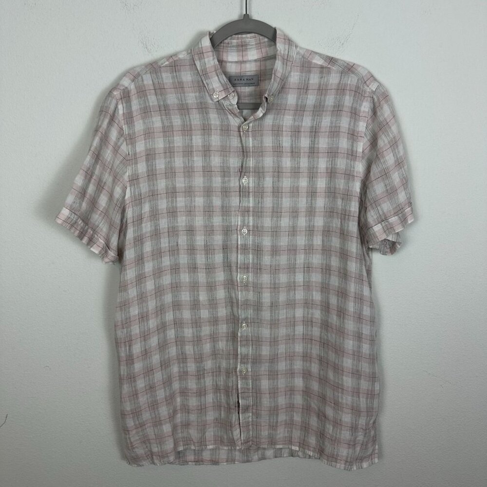 Zara Man Linen Blend Button Down Shirt M Pink Plaid Minimalist Contemporary
